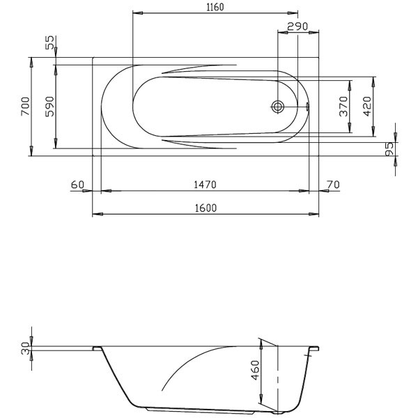 Hoesch Regatta 1600x700x460 mm Rechteckbadewanne Einbaubadewanne Weiß 6457.010
