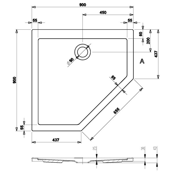 Hoesch Duschwanne Samar Fünfeck 900x900x20, weiß