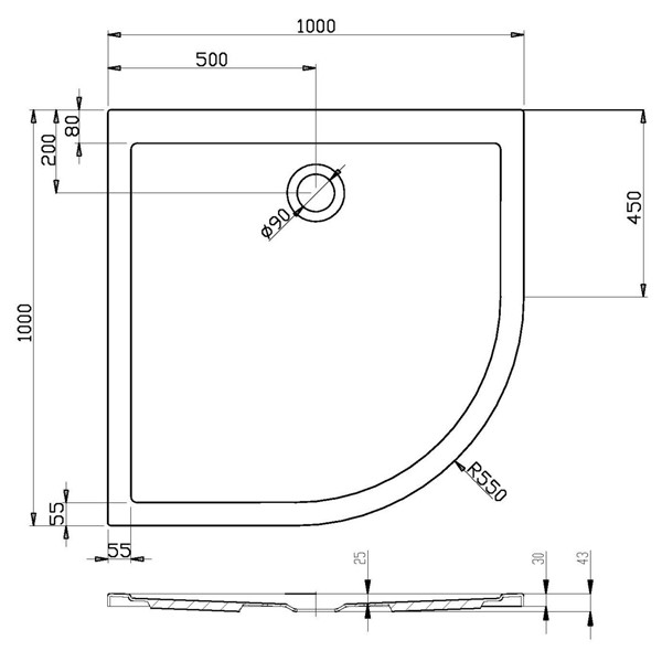 Hoesch Duschwanne Samar Viertelkreis 1000x900x20, weiß