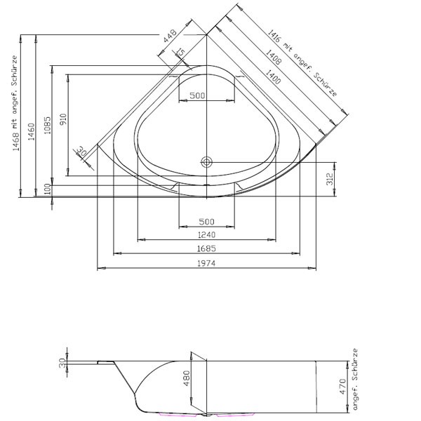 Hoesch Spectra 1400x1400x480 mm Eck-Badewanne Einbaubadewanne ohne angeformter Schürze Weiß 3653.010