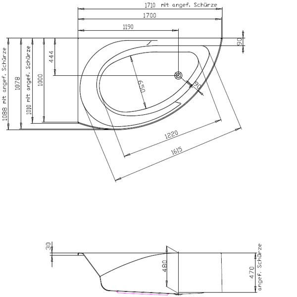 Hoesch Spectra 1700x1000x480 mm Eck-Badewanne Links Einbaubadewanne ohne angeformter Schürze Weiß 3657.010