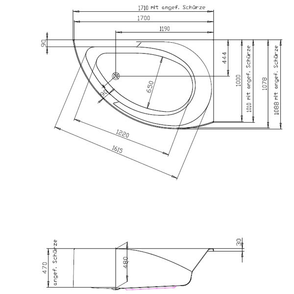 Hoesch Spectra 1700x1000x480 mm Eck-Badewanne Rechts Einbaubadewanne ohne angeformter Schürze Weiß 3660.010