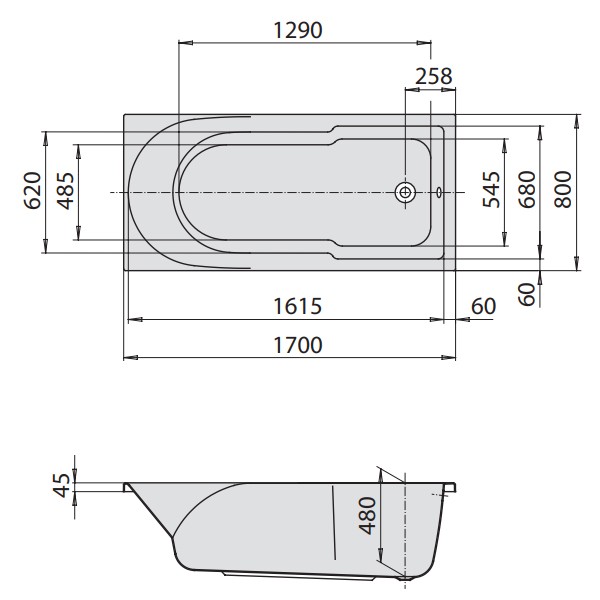 Hoesch Spectra 1700x800 Badewanne mit Duschzone 3665.010