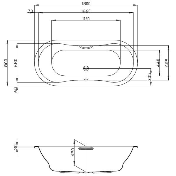 Hoesch Tacna 1800x800x450 mm Oval-Badewanne Einbaubadewanne Weiß 5539.010