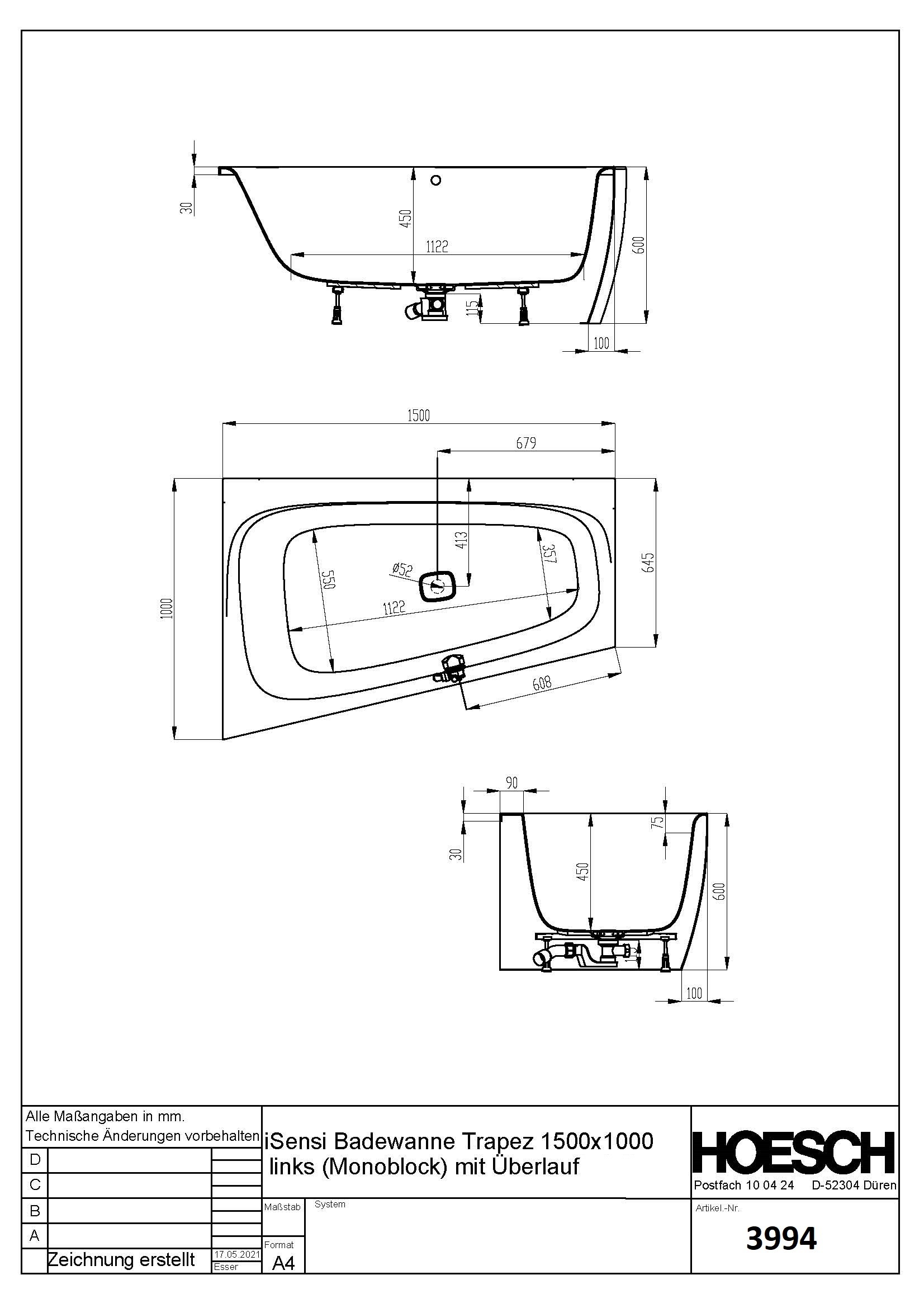 Hoesch Badewanne iSensi Trapez 1500x1000 Monolith links mit Überlauf, ang. Sch.