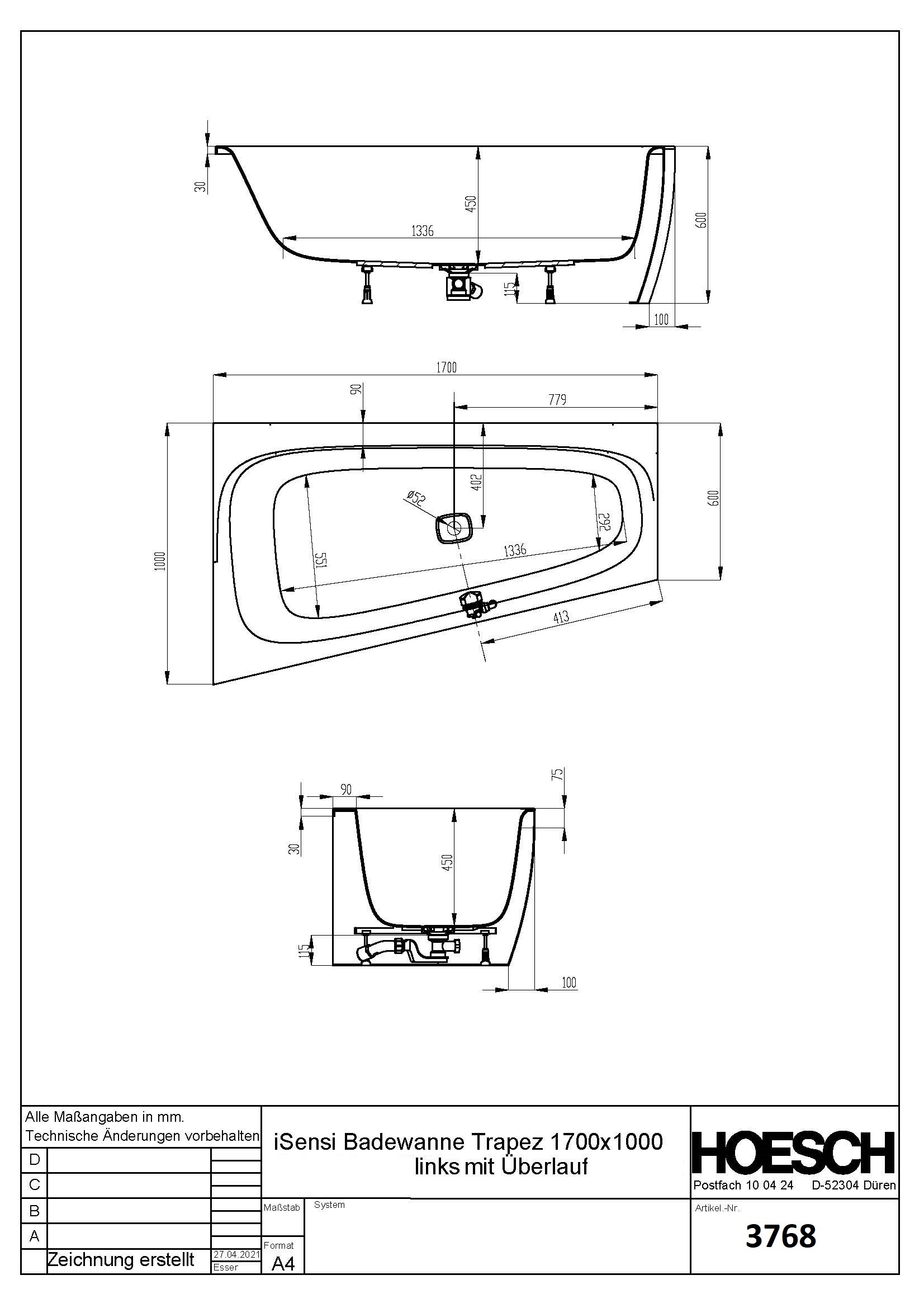 Hoesch Badewanne iSensi Trapez 1700x1000 Monolith links mit Überlauf, ang. Sch.