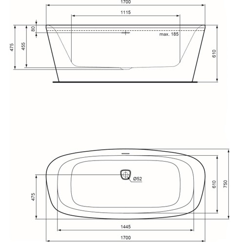 Ideal Standard Badewanne DEA, freistehend, 1700x750x475/610mm, Weiß