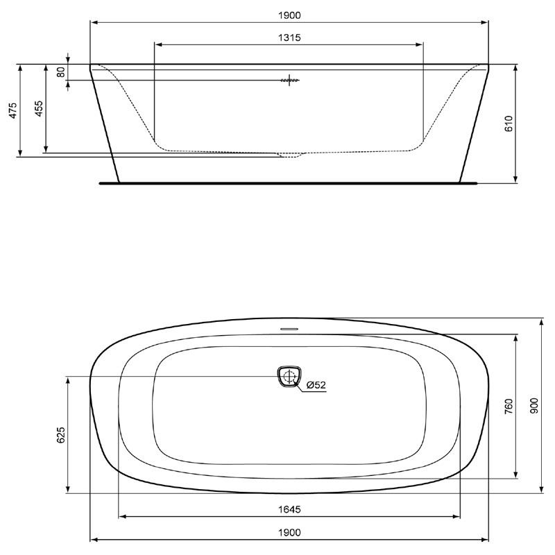 Ideal Standard Badewanne DEA, freistehend, 1900x900x475/610mm, Weiß