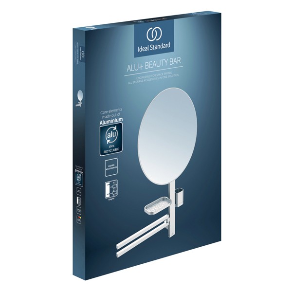 IS Beauty Bar Accessoires-Kombi. Alu+ L800 mit Spiegel d:500mm Silver
