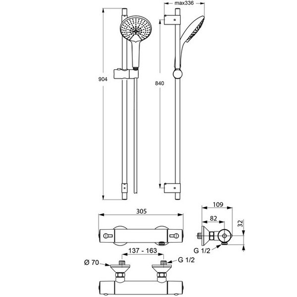 Ideal Standard Brausekombination L3 IDEALRAIN, mit Ceratherm 60 Brausethermostat Aufputz AP, Chrom