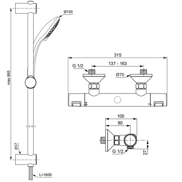 IS Brausetherm.AP CERATHERM25,Ausld80mm, m.Brausegarnitur, Br.Stg.90mm, Chrom