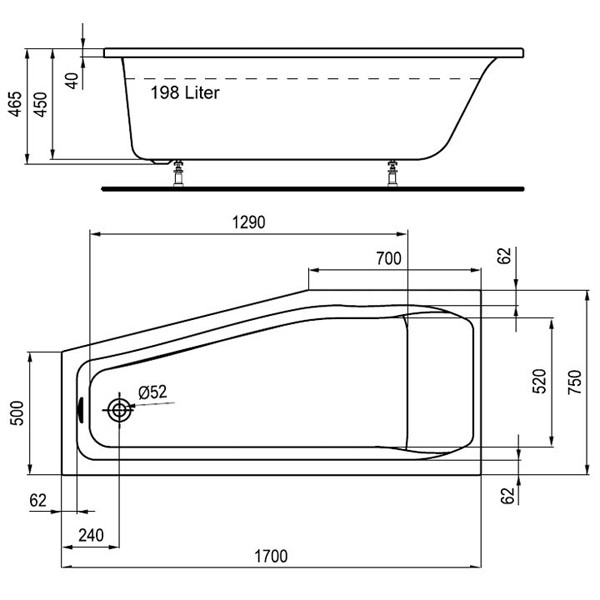 Ideal Standard Diana Plus Acryl-Raumsparbadewanne 170x75 links
