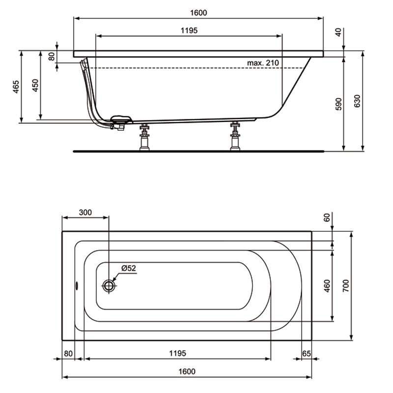 Ideal Standard HOTLINE NEU 1600x700x465mm, Körperform-Badewanne Weiß