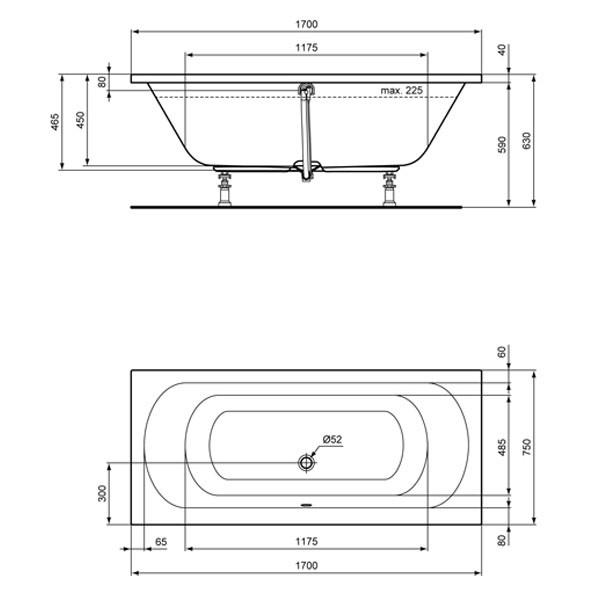 Ideal Standard Hotline Neu 1700x750x465mm Duo-Badewanne Weiß