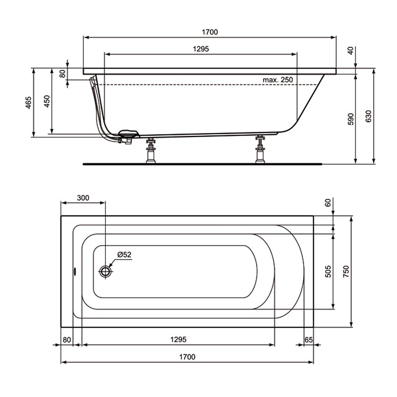 Ideal Standard HOTLINE NEU 1700x750x465mm, Körperform-Badewanne Weiß