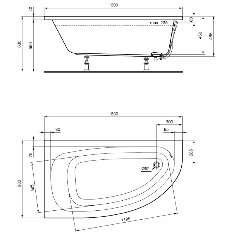 Ideal Standard Hotline Neu/ Surf links 1600x900 Badewanne K275801