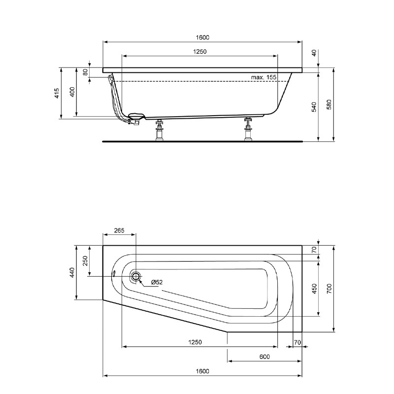 Ideal Standard Hotline Neu rechts 1600x700 Raumsparwanne K276101