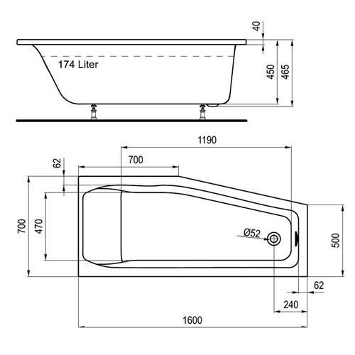 Ideal Standard Rocky Plus/S100 160x70 rechts Acryl-Raumsparbadewanne