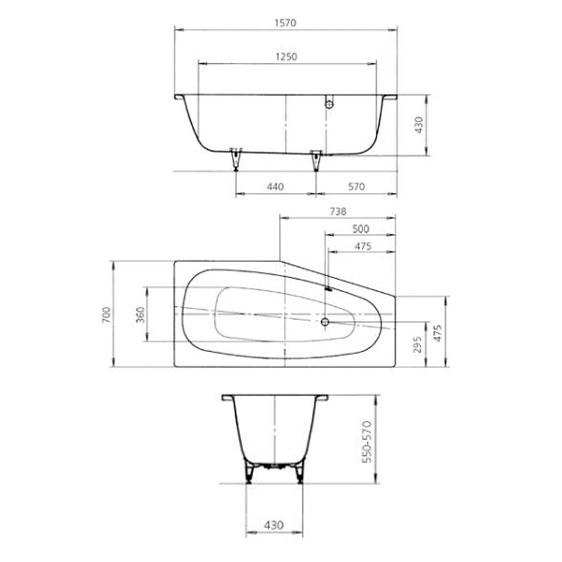 Kaldewei Advantage Mini links 1570x700/475 Raumsparwanne 225200010001