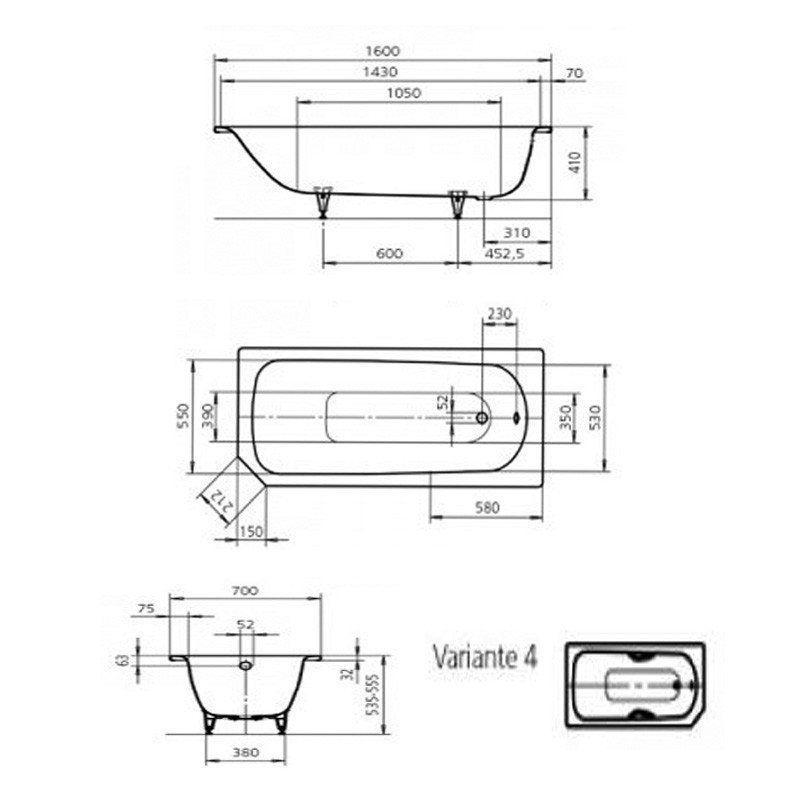 Kaldewei Advantage Saniform V4 1600x700 Badewanne Stahl-Email 192400010001