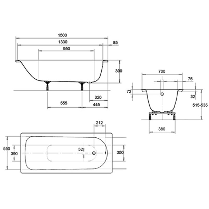 Kaldewei Saniform Plus 1500x700 Badewanne Stahl-Email 111600010001