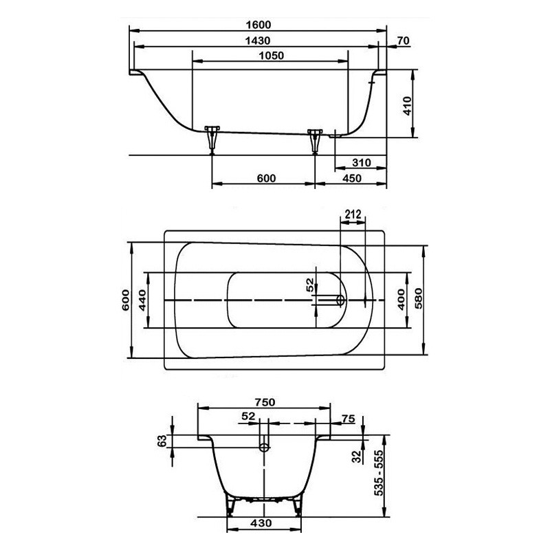 Kaldewei Saniform Plus 1600x750 Badewanne Stahl-Email 112500010001