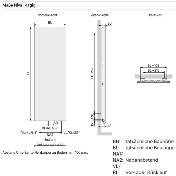 Kermi Bad- und Wohnheizkörper Niva T11, einlagig, HxLxT: 1220x420x80 mm, Farbauswahl, Wärmeleistung 75/65-20: 645 Watt