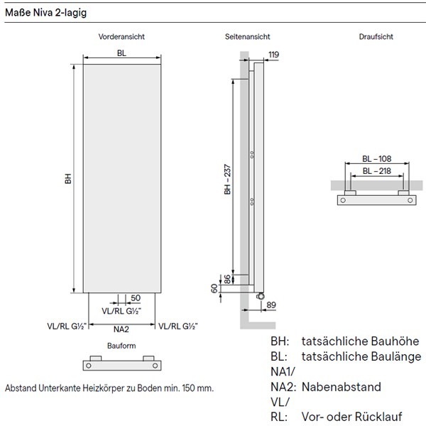 Kermi Bad- und Wohnheizkörper Niva T21, zweilagig, HxLxT: 1220x520x119 mm, Farbauswahl, Wärmeleistung 75/65-20: 1213 Watt