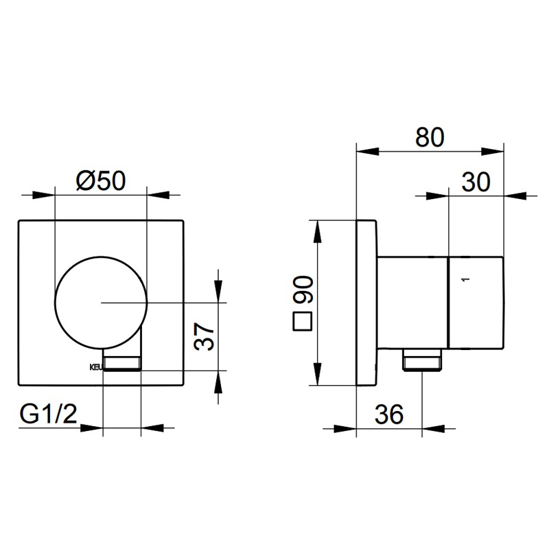 KE 3-Wege Ab-u.Umstellv.IXMO Comf.59549, Schlauchan., eckig, Aluminium-finish