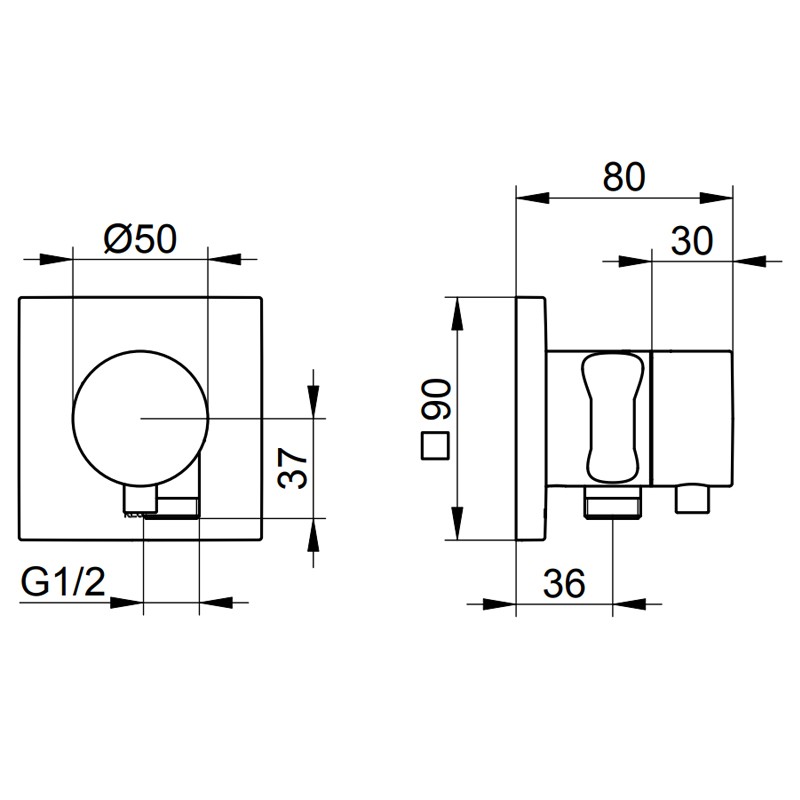 KE Absperrventil IXMO Comf. 59541, eckig Schlauchanschl./Brauseh.Aluminium-finish