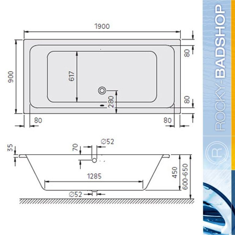 Koralle T200 1900x900x450 Rechteck Badewanne Acryl VL429190090201