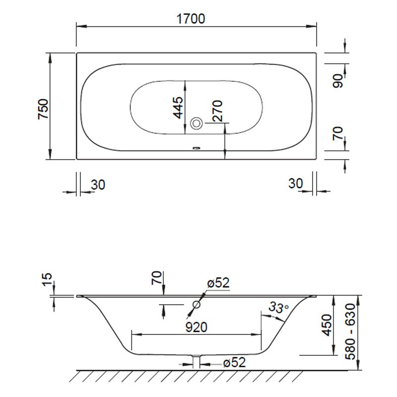 Koralle T300 1700/750 Badewanne flacher Wannenrand 15 mm VP190170075201