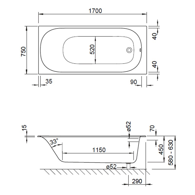 Koralle T300 1700x750 Badewanne Fußablauf flacher Wannenrand 15 mm VP427170075201