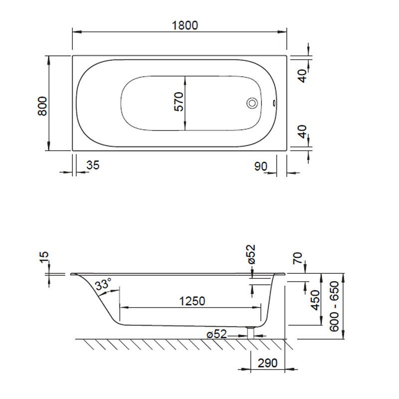 Koralle T300 1800/800 Badewanne Fußablauf flacher Wannenrand 15 mm VP427180080201