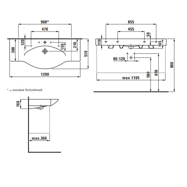 Laufen Waschtisch  unterbaufähig Palace 1 HL m.ÜL 1200x510 weiß