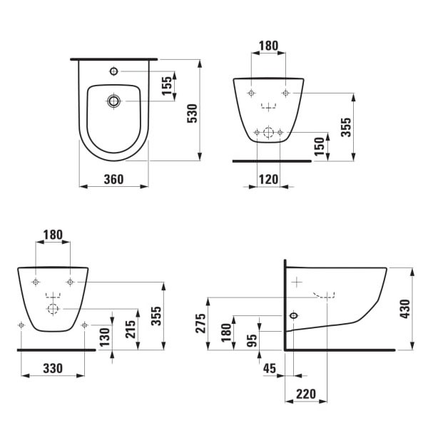 Laufen Wand-Bidet Laufen PRO 1 HL Eckventile innen 360x530 weiß