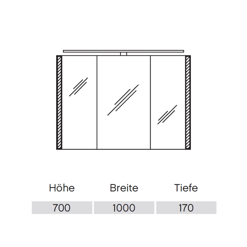 Pelipal S26 neutraler Spiegelschrank 1000 mit seitlichem Lichtprofil und Aufsatzleuchte