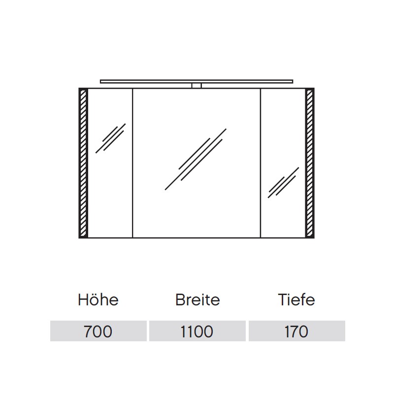 Pelipal S26 neutraler Spiegelschrank 1100 mit seitlichem Lichtprofil und Aufsatzleuchte