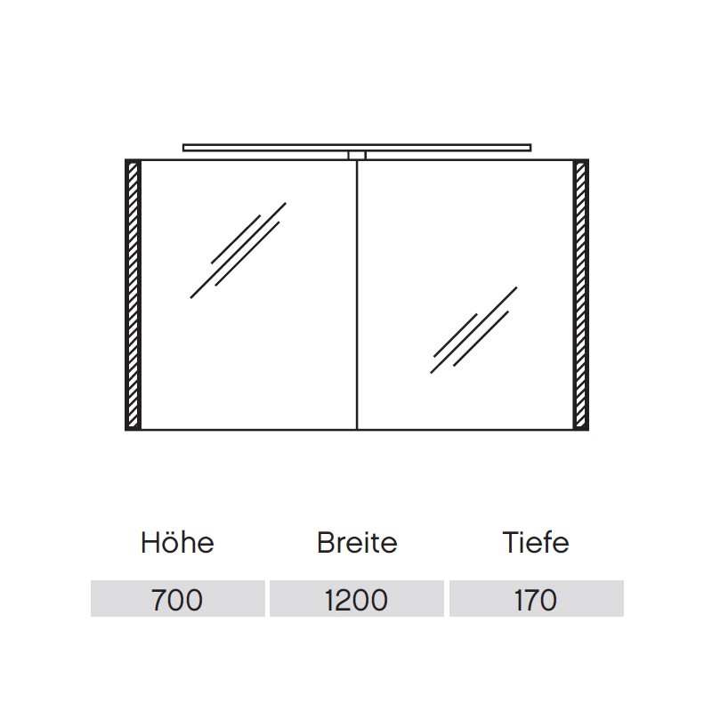 Pelipal S26 neutraler Spiegelschrank 1200 mit seitlichem Lichtprofil und Aufsatzleuchte