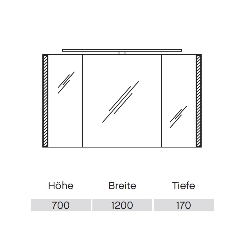 Pelipal S26 neutraler Spiegelschrank 1200 mit seitlichem Lichtprofil und Aufsatzleuchte