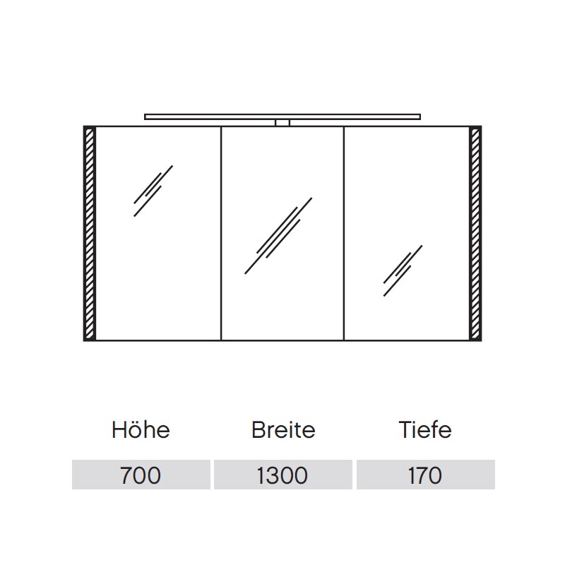 Pelipal S26 neutraler Spiegelschrank 1300 mit seitlichem Lichtprofil und Aufsatzleuchte