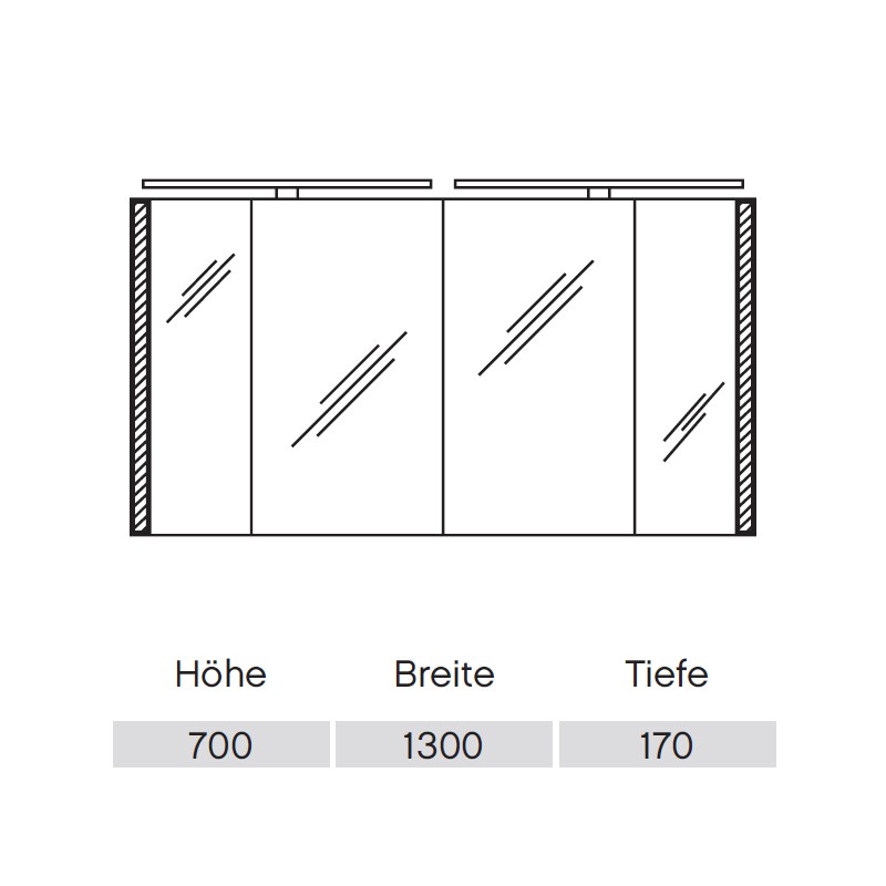 Pelipal S26 neutraler Spiegelschrank 1300 mit seitlichem Lichtprofil und Aufsatzleuchten