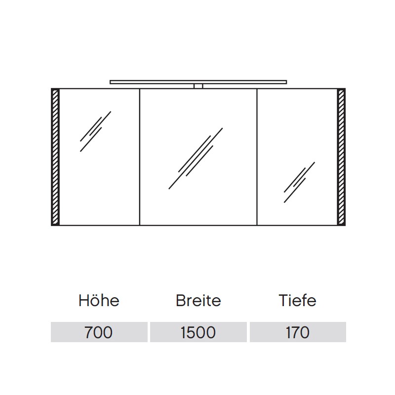 Pelipal S26 neutraler Spiegelschrank 1500 mit seitlichem Lichtprofil und Aufsatzleuchte