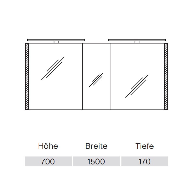 Pelipal S26 neutraler Spiegelschrank 1500 mit seitlichem Lichtprofil und Aufsatzleuchte