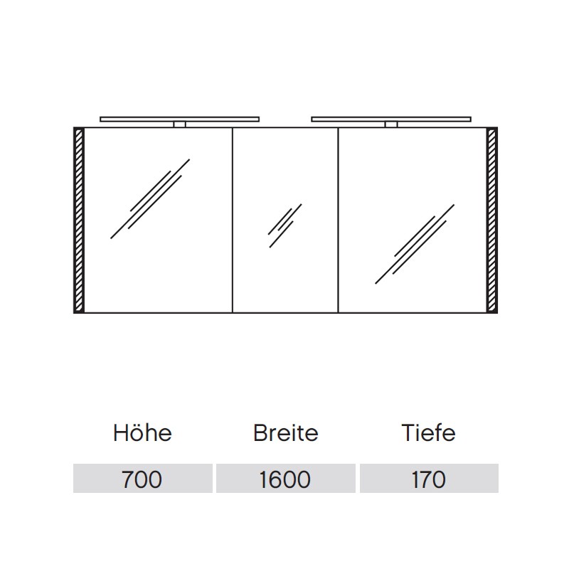 Pelipal S26 neutraler Spiegelschrank 1600 mit seitlichem Lichtprofil und Aufsatzleuchte