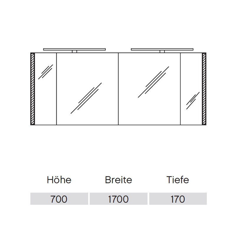 Pelipal S26 neutraler Spiegelschrank 1700 mit seitlichem Lichtprofil und Aufsatzleuchten