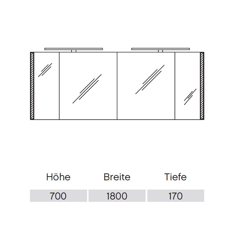 Pelipal S26 neutraler Spiegelschrank 1800 mit seitlichem Lichtprofil und Aufsatzleuchten