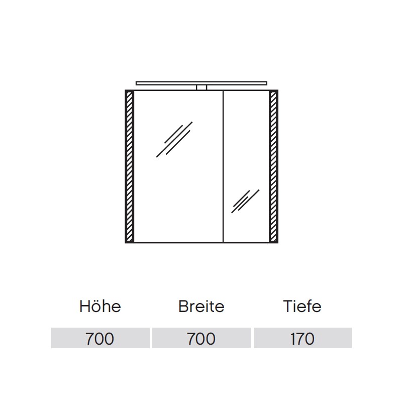 Pelipal S26 neutraler Spiegelschrank 700 mit seitlichem Lichtprofil und Aufsatzleuchte