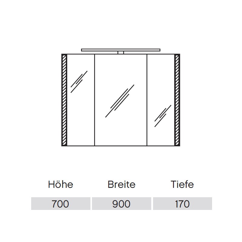 Pelipal S26 neutraler Spiegelschrank 900 mit seitlichem Lichtprofil und Aufsatzleuchte