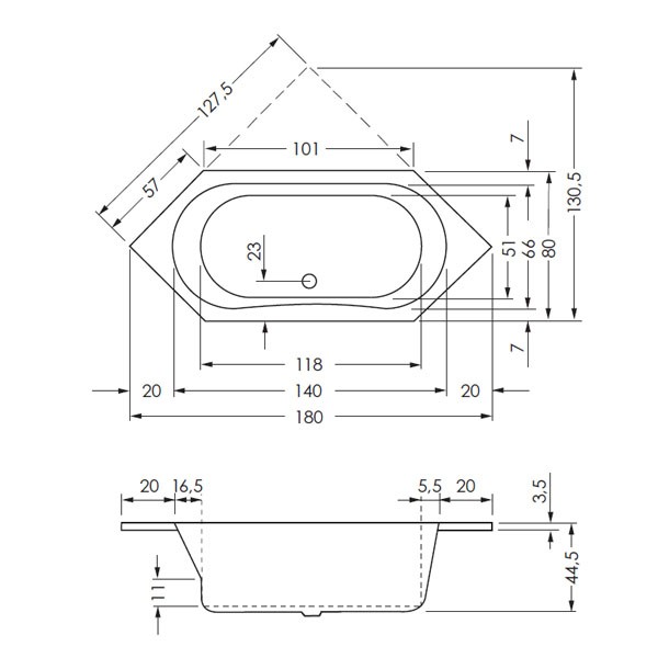 Repabad Alicante 180 180x80x45 Sechseck-Badewanne